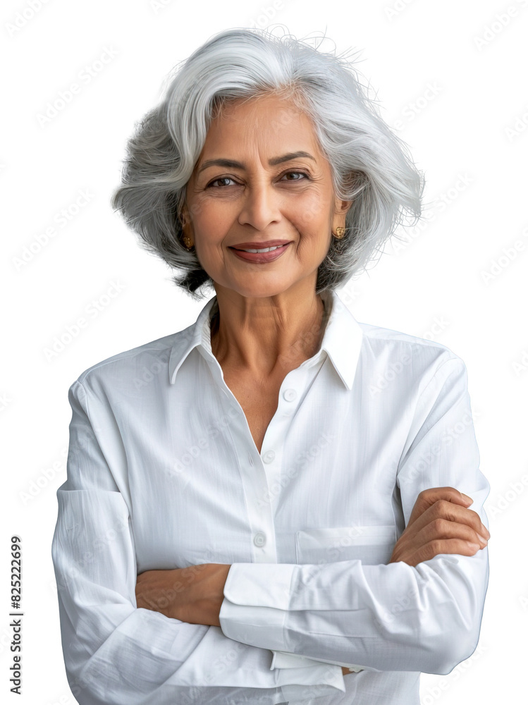 Indian mature woman wearing plain white shirt posing with arms crossed over isolated transparent background Indian mature woman wearing plain white shirt posing with arms crossed over isolated transparent background