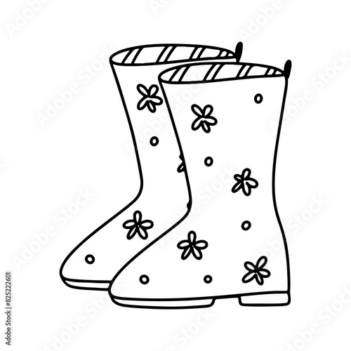 Rubber boots. Hand drawn doodle style. Vector illustration isolated on white. Coloring page.