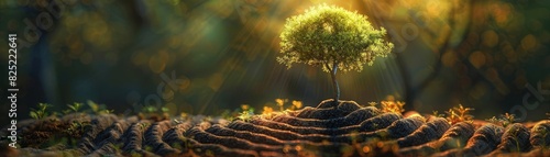 Magical emergence of a young tree from patterned earth  bathed in golden forest light  concept of hope and renewal