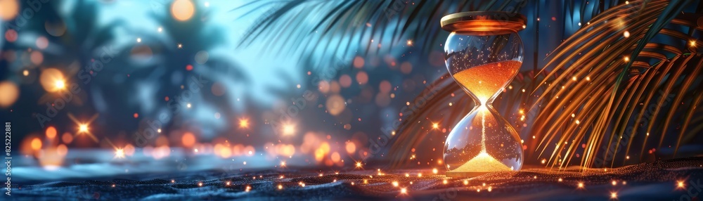 Naklejka premium Magical hourglass glowing in palms, star dust and ethereal lights, timeless night ambiance