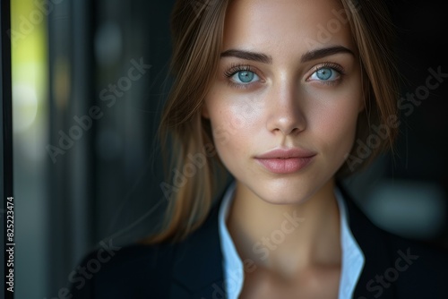 Close-up of a young woman with blue eyes in a professional black suit photo