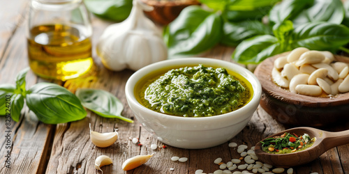 An elegant bowl with pesto sauce and ingredients arranged against the background of a wooden countertop, emanating freshness and intense aromas of herbs, encouraging culinary experiments.