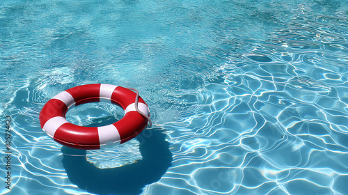 Um colete salva-vidas vermelho e branco flutuando na superfície de uma piscina de água azul clara. photo
