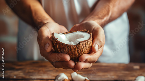 Close-up de mãos masculinas segurando coco cortado pela metade na mesa de madeira photo