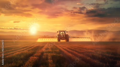 Trator moderno pulverizando ativamente colheitas em uma vasta fazenda com um pôr do sol dramático ao fundo photo