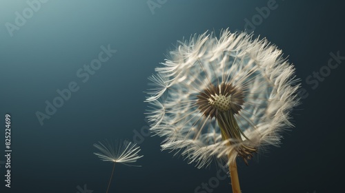 A dandelion seed head against a dark background  with the seeds glowing softly as they catch the light 