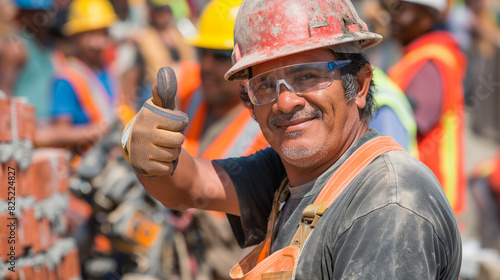 O pedreiro habilidoso deu um sinal de positivo confiante sinalizando aprovação no Dia do Trabalho em meio a uma multidão de construtores, engenheiros e operários photo