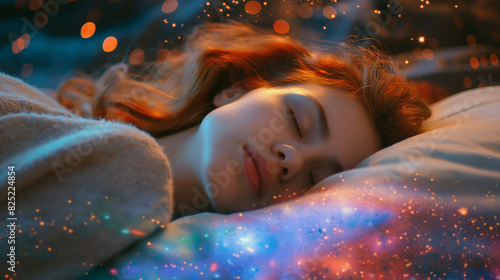 A imagem em close da mulher humana caucasiana que se deita para dormir no mar do espaço galáctico que funciona como um travesseiro que parece fofo e macio no céu brilhante de um universo © Vitor
