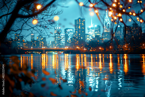 Scenic view of a city skyline at night with reflections on the water and string lights.