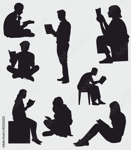 set of silhouette of people reading books standing, sitting and lying vector illustration 