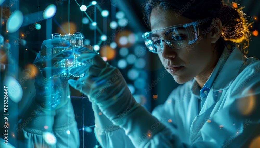 A woman in a lab coat is looking at a computer screen with a blue background by AI generated image A woman in a lab coat is looking at a computer screen with a blue background by AI generated image
