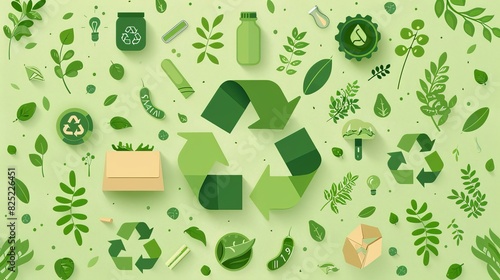 Central recycling symbol surrounded by green eco-icons, representing various sustainability practices, Minimalist, Soft greens, Illustration, Emphasis on comprehensive sustainability