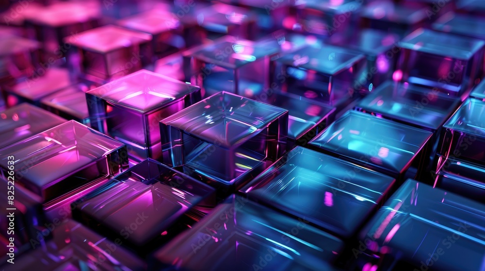 3D rendering of glowing neon purple and blue cubes. 3D rendering of glowing neon purple and blue cubes.