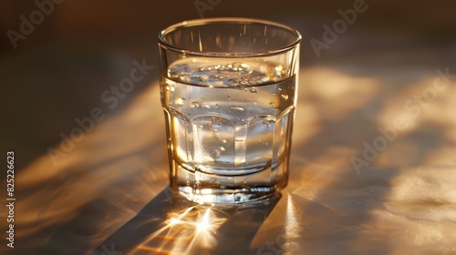 A glass of water illuminated by a warm sunlight, casting a beautiful reflection on the surface. © venusvi