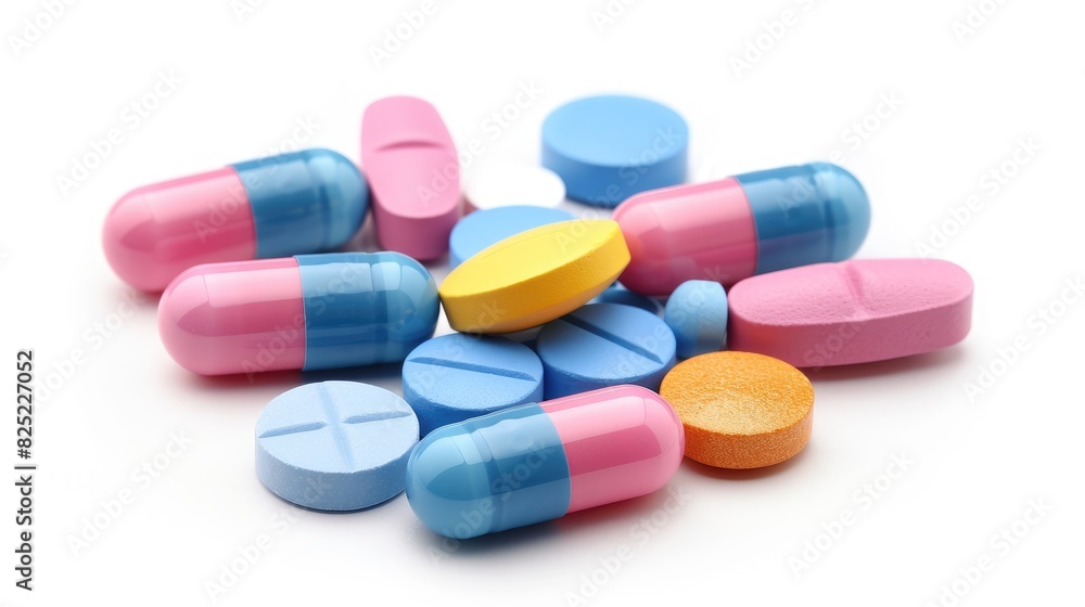 Medication pills on a white background Symbolizing healthcare therapy drug utilization procurement and medication trade Medication pills on a white background Symbolizing healthcare therapy drug utilization procurement and medication trade