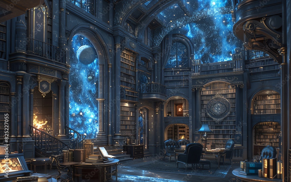 Fototapeta premium Library filled with books under night sky.