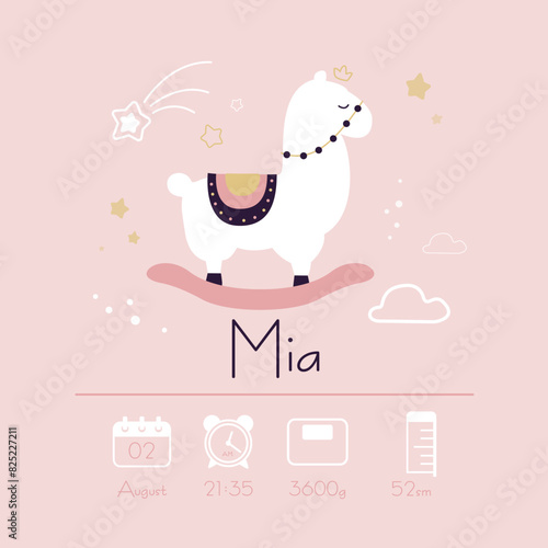Baby poster, height, weight, time, date of birth with cute baby toy. Newborn announcement party card. It's a girl - shower card, banner template.