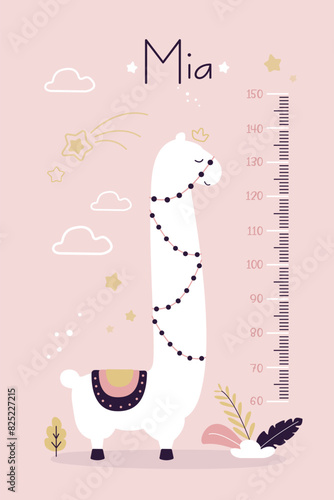 Growth ruler with cute llama. Animal at kids height meter. Stadiometer llama for kids meter wall or height chart centimeter.