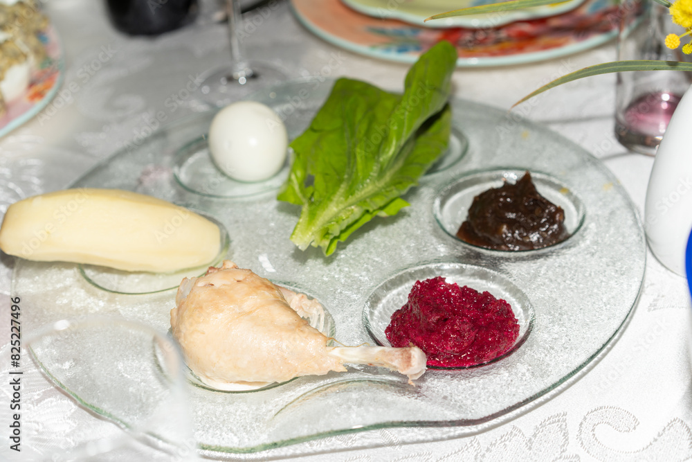 Traditional Seder Plate With Passover Foods. Traditional Seder Plate With Passover Foods.