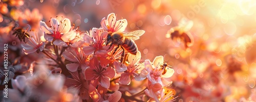 A bee pollinates pink flowers in a garden during spring, capturing the beauty of nature and the pollination process. photo