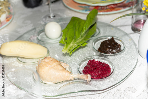 Traditional Seder Plate With Passover Foods. photo