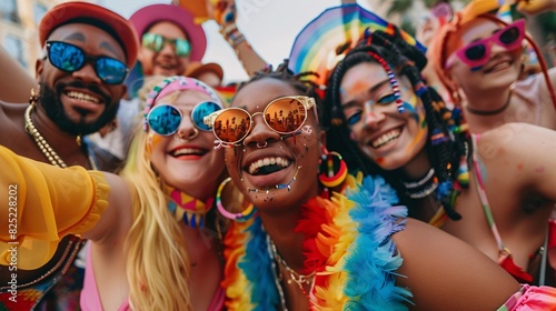 Celebrating Diversity and Friendship at a Vibrant Pride Festival: Multicultural Friends in Colorful Outfits Taking a Selfie