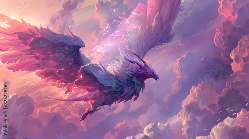 Flying griffin in a magical sunset sky