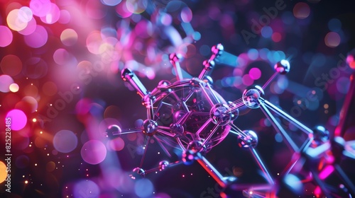 A hyper-realistic depiction of a self-assembling molecular structure, with intricate geometric patterns and glowing neon hues. photo