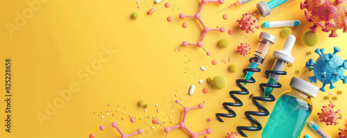 Vibrant medical science tools and virus models on a yellow background, representing laboratory research and scientific studies.