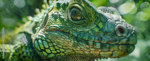 Head shot closeup of Green Crested Lizard.