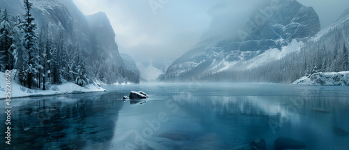 Mountains landscape in Scandinavia winter season with snow and cinematic colors and blue sky.