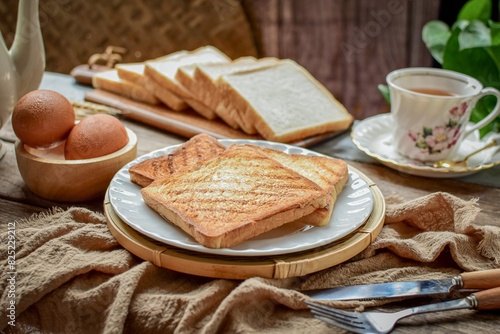 Morning breakfast three slice of Toasted bread with slice of bread on white plate and wooden blackground , home cooked