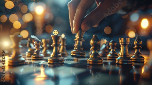 A chessboard on a background with a hand moving the pieces symbolizes strategic decision-making. photo