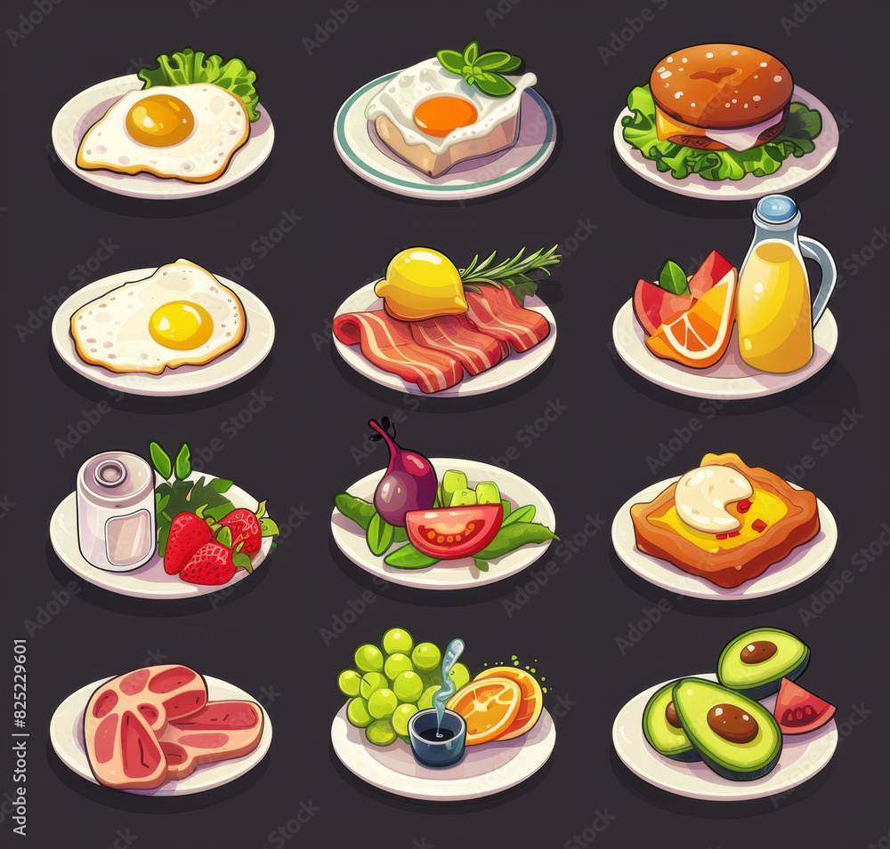 Set of food stickers, generative ai Set of food stickers, generative ai
