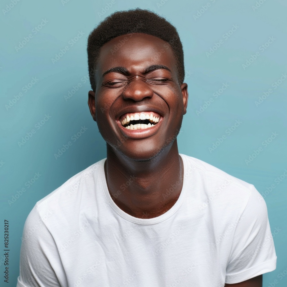 A man with a big smile on his face is wearing a white shirt