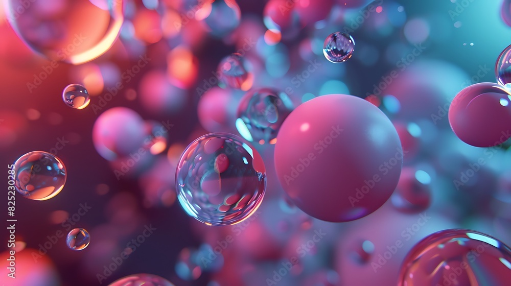 3D rendering of a cluster of glowing spheres in various sizes. The spheres are transparent and reflective, with a glossy surface. 3D rendering of a cluster of glowing spheres in various sizes. The spheres are transparent and reflective, with a glossy surface.
