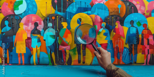 A person is holding a magnifying glass over a colorful painting of people