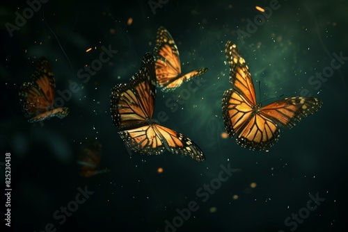 Magical scene of monarch butterflies in a warm, glowing ambiance with sparkling motes © anatolir