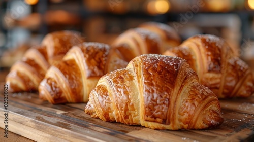 newly baked croissants on a wooden table in a warm bakery setting  showcasing the delectable french pastry concept