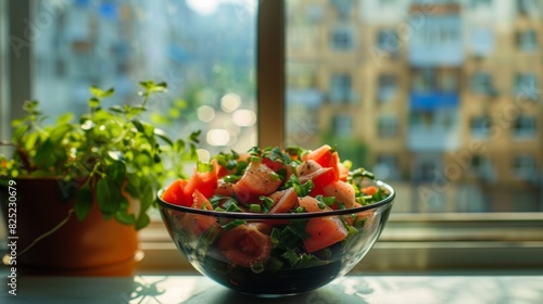 Fresh salad in a wooden bowl on a windowsill with city view © Gulkhanim