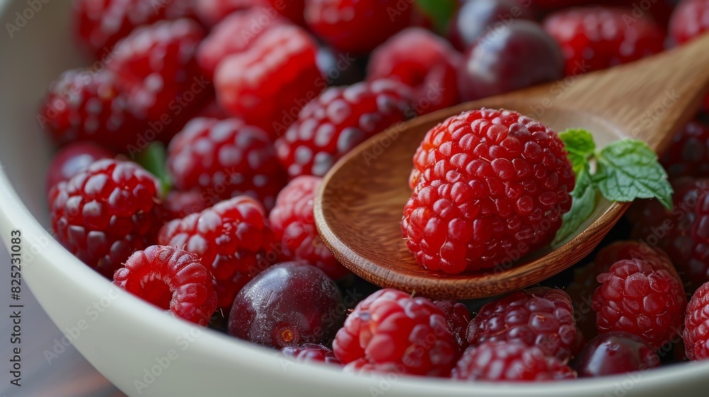 Fresh Strawberries and Raspberries in a Wooden Bowl Fresh Strawberries and Raspberries in a Wooden Bowl
