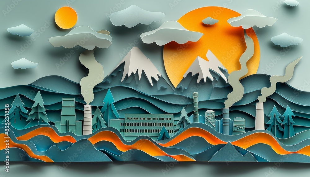 A paper cutout of a city with a mountain range in the background by AI generated image A paper cutout of a city with a mountain range in the background by AI generated image