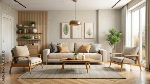 Basic living room with neutral colors and minimalist furniture © wasana