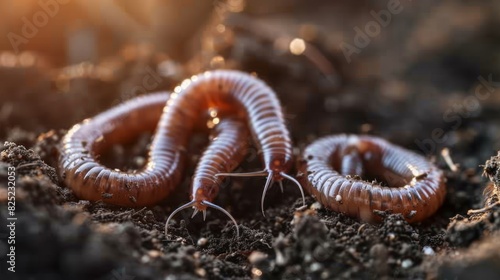 A close-up of earthworms wriggling in rich, dark soil, emphasizing the role of worms in composting and soil health. photo