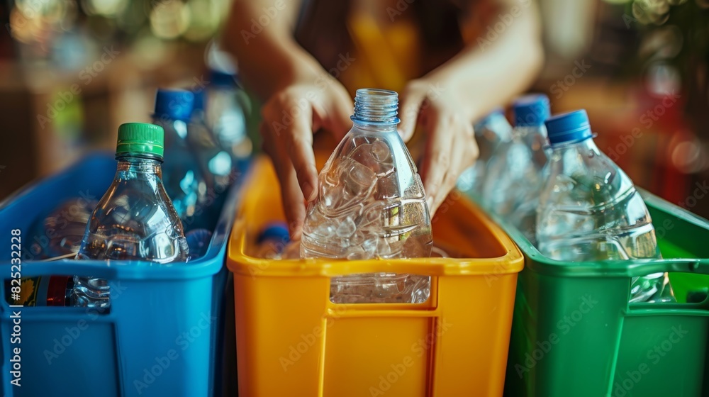 A close-up of hands sorting plastic bottles, paper, and glass into separate recycling bins, promoting the practice of recycling to reduce waste. A close-up of hands sorting plastic bottles, paper, and glass into separate recycling bins, promoting the practice of recycling to reduce waste.