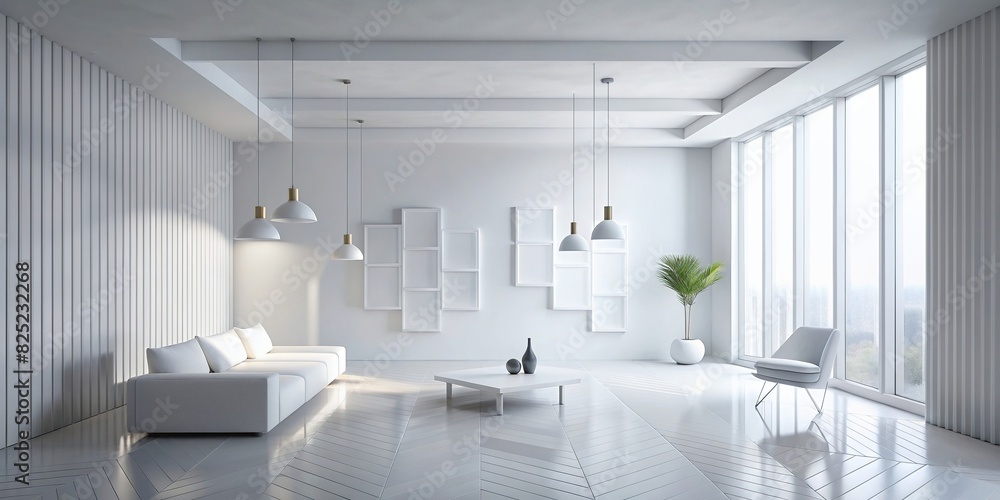 Minimalistic white room interior with geometric shapes and clean lines ...