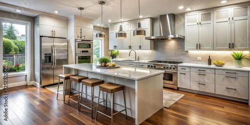 A measured and minimalistic kitchen with stainless steel appliances and clean countertops photo