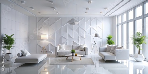 Minimalistic white room interior with geometric shapes and clean lines photo