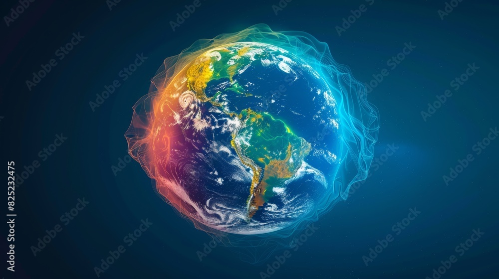 A digital rendering of Earth with highlighted climate zones and weather patterns, demonstrating the planet's dynamic and interconnected systems. A digital rendering of Earth with highlighted climate zones and weather patterns, demonstrating the planet's dynamic and interconnected systems.