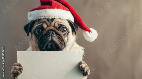 A pug dog in a Santa Claus hat holds an empty advertising poster. © nikola-master